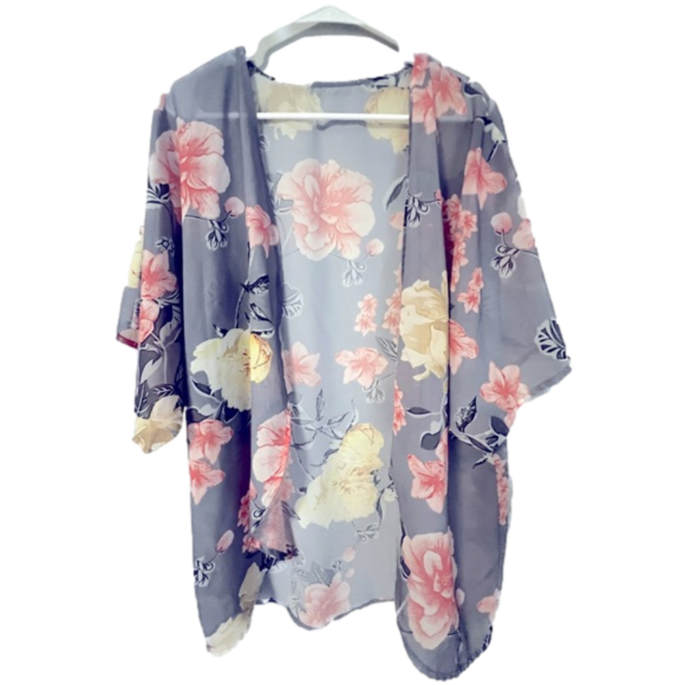 Women’s Beach Cover Dress Cover Floral sheer kimono open front Medium